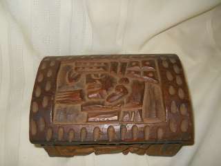 Vintage Hand Carved Folk Art Wood Mahogany Wooden Music Box Thorens 