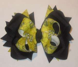 Black Yellow Honey Bee Boutique Hair Bow 3 layers of Loops Spikes 