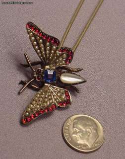   Antique Faux Ruby, Sapphire, Pearl Trembler Butterfly Pin 5 Inches