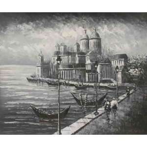  Black and White European boardwalk Oil Painting on Canvas 