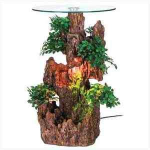Bonsai Tree Trunk Fountain Base Glass Top Accent Table  