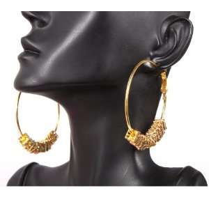 Basketball Wives Gold 2 Inch Hoop Earrings with Small Iced Out Squares 