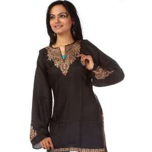  Black Kashmiri Kurti with Embroidery on Neck   Pure Silk 