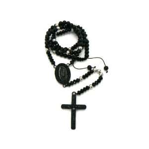Black Glass Beaded Jesus Rosary Cross With Mother Mary Pendant With a 