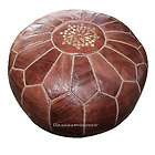 Round Vintage Style Brown Faux Leather Wood Ottoman, Studded Footstool 