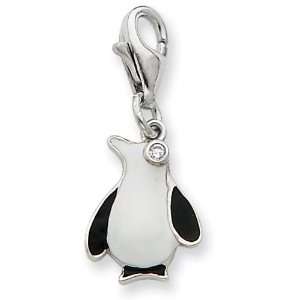  Sterling Silver CZ Enamel Penguin Charm Jewelry