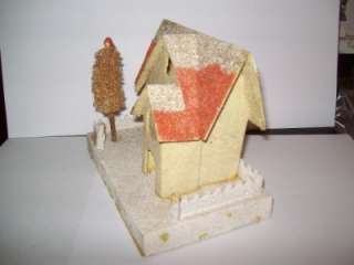 VINTAGE LARGE PUTZ MICA CHRISTMAS VILLAGE HOUSE RED ROOF/CLOCK FENCE 