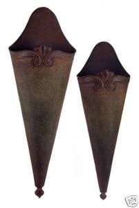 Pair Rust Iron Rustic Wall Mount Pocket Vase Cone  