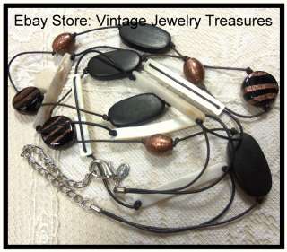CHICOS Black & Copper Fluss Murano Art Glass~Mother of Pearl Necklace 