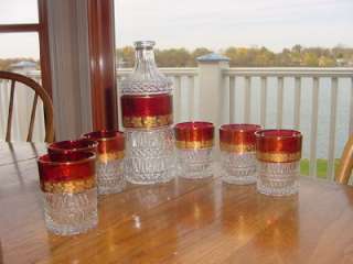 Bourbon Bar Set DECANTER & 6 Glasses heavy CUT GLASS Ruby Red w gold 