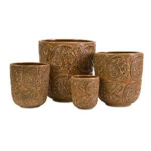  Embossed Ceramic Brownish Planters   Set of 4