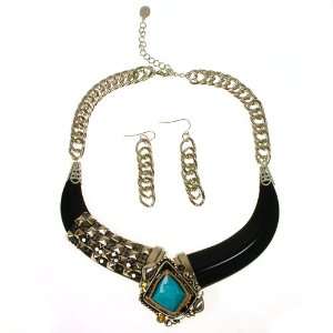  Bulky Exotic Silver Tone Necklace with Black Ivory and 
