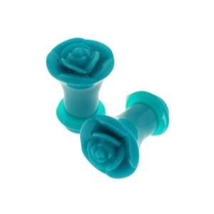  Teal Acrylic Single Flare Plugs with Rose Design   2G (6mm 