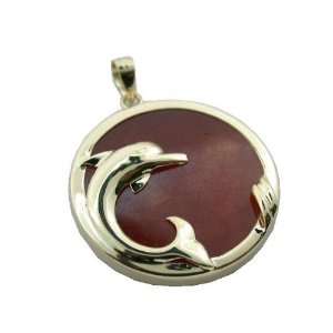  Red Jade Surfacing Dolphin Pendant, 14k Gold Jewelry
