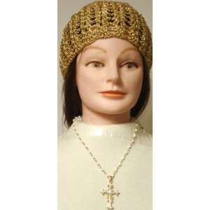 Hand Crocheted Gold Gimp Skull Cap Offered in Combination with Genuine 