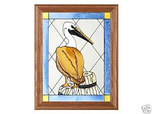 13x16 Stained Glass PELICAN Bird Framed Suncatcher  