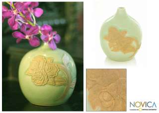 GREEN ORCHID BUBBLE~~Celadon Ceramic Art~~VASE Thai  