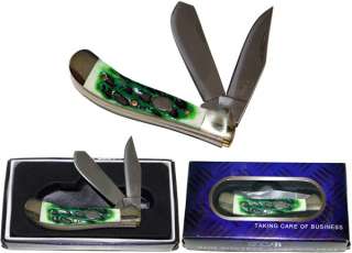Green Handle 2 Blade Saddlehorn Folding Pocket Knife  