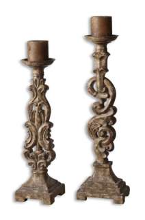 Pair Gia Stone Finish Tall Pillar Candle Holder Stands  