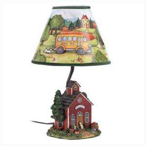 Country Red SCHOOLHOUSE Statue LAMP~Shade w/ Bus & Dog~Design by Susan 