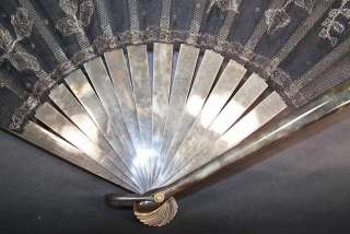   Art Deco Black Net Silver Metallic Lace Spanish Flapper Fan  