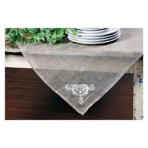  Square Linen Table Cloth with Embroidery, Khaki & White 