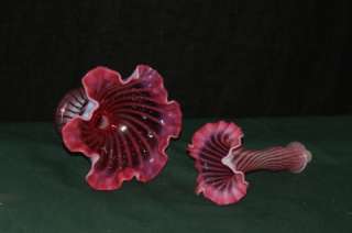 Item 2pc Epergne Cranberry Glass Spiral Optic Opalescent Horn Signed 