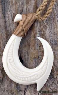 Hand Carved Maori Bone Hei Matau Fish Hook Scrimshaw Necklace  