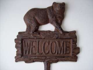 Cast Iron Bear Welcome Stake Rustic Lodge Cabin Sign Plaque  