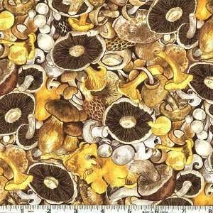  45 Wide Eat Mushrooms Yellow/Brown Fabric By The Yard 