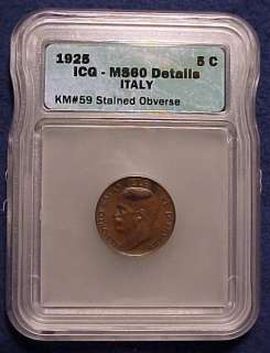   of bronze km 59 unc slabbed certified ms60 details stained obverse