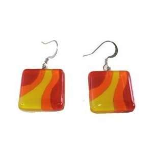  Chilean Square Fused Glass Earrings   Flames Design (Chile 