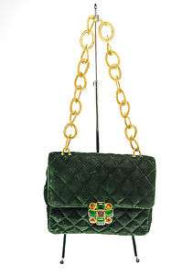 Chanel Green Velvet Vintage Jeweled Shoulder Handbag  