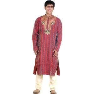  Red and Peacock Blue Kurta Set with Beadwork on Neck 