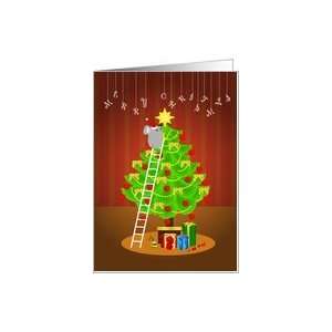 little mouse puts a star on top of the christmas tree Card