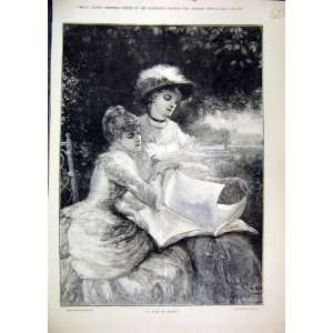  1884 Beautiful Women Reading Book Tree Sitting Garden