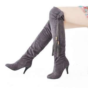   Gray Sexy Suede Over Knee High Heel Boots US Size5 9 D037  
