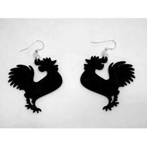  Black Satin Rooster Cockerel Wooden Earrings GTJ Jewelry