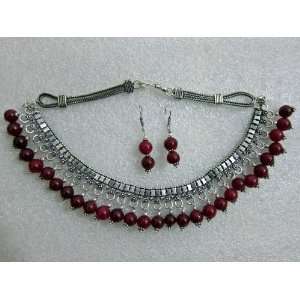   Silver Oxidized Jewelry with Cherry Red Stone Necklace Earrings 3pc