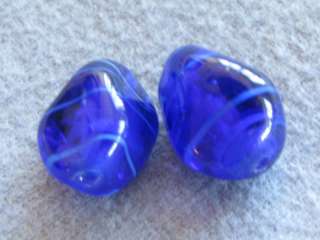 Pr Vintage Art Glass Beads, Cobalt Blue  
