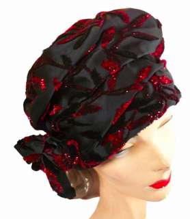 Vintage Hat Christian Dior Black W/ Red Glitter Designs 1950S  