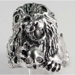   Spectacular Sterling Silver Lion Head with Skull Ring Made in America