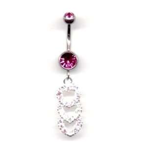  Double Jeweled Navel Bar with Heart Link Pendant in Rose Jewelry