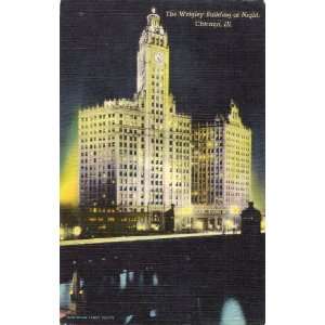  1940s Vintage Postcard The Wrigley Building at Night 