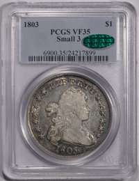 1803 $1 Small 3 PCGS VF35 CAC Draped Bust Silver Dollar Large Eagle 