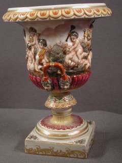 Antique 8 Capo di monte Urn Vase, Dancing Putti & Satyr Handles 