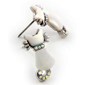   White Shell and Crystal Cat Post Earrings Fashion Jewelry Jewelry