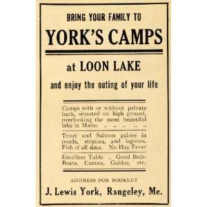 1911 Ad J. Lewis Yorks Camps Loon Lake Fishing Maine   Original Print 