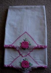 Hand Embroidered & Crocheted Pink Rose Pillowcases  
