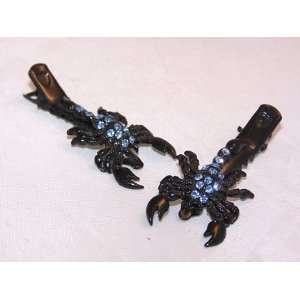  Black Hairclip Set of Scorpions with Blue Crystals 